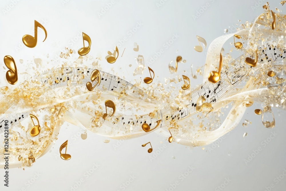 Poster gold musical notes flow through a swirling ribbon against a light background, creating a dynamic and