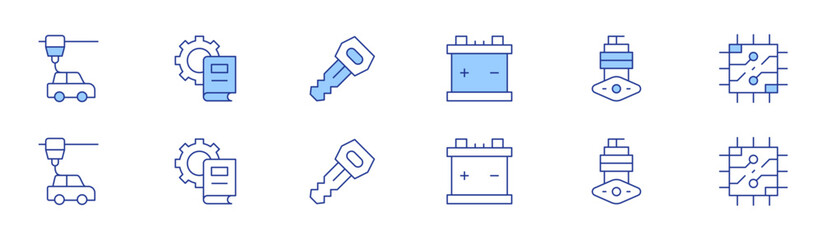 Engineering icon set in two styles, Duotone and Thin Line style. Editable stroke. 3d printer, battery, book, car engine, car key, cpu