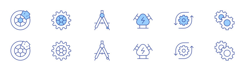 Engineering icon set in two styles, Duotone and Thin Line style. Editable stroke. brake, clutch disc, drawing compass, engine, engineering, gears