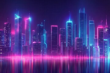 Neon Cityscape at Night Futuristic Urban Skyline with Vibrant Pink and Blue Lights