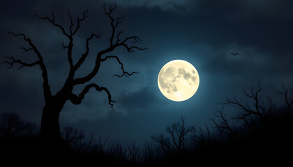 Fototapeta premium Spooky halloween background with silhouette dead tree at night full moon. with white shades