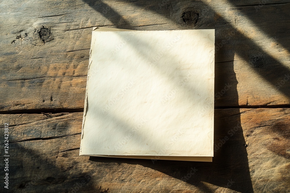 Aufkleber blank sheet rests on rustic wooden table illuminated by morning sunlight in a cozy setting