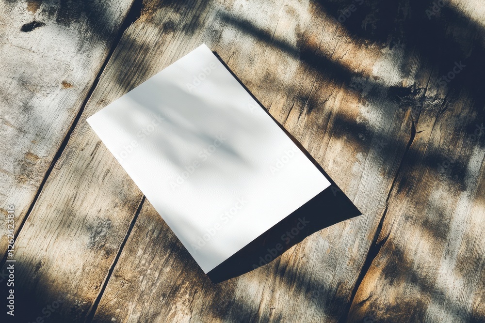Poster blank paper resting on rustic wooden table illuminated by soft natural light