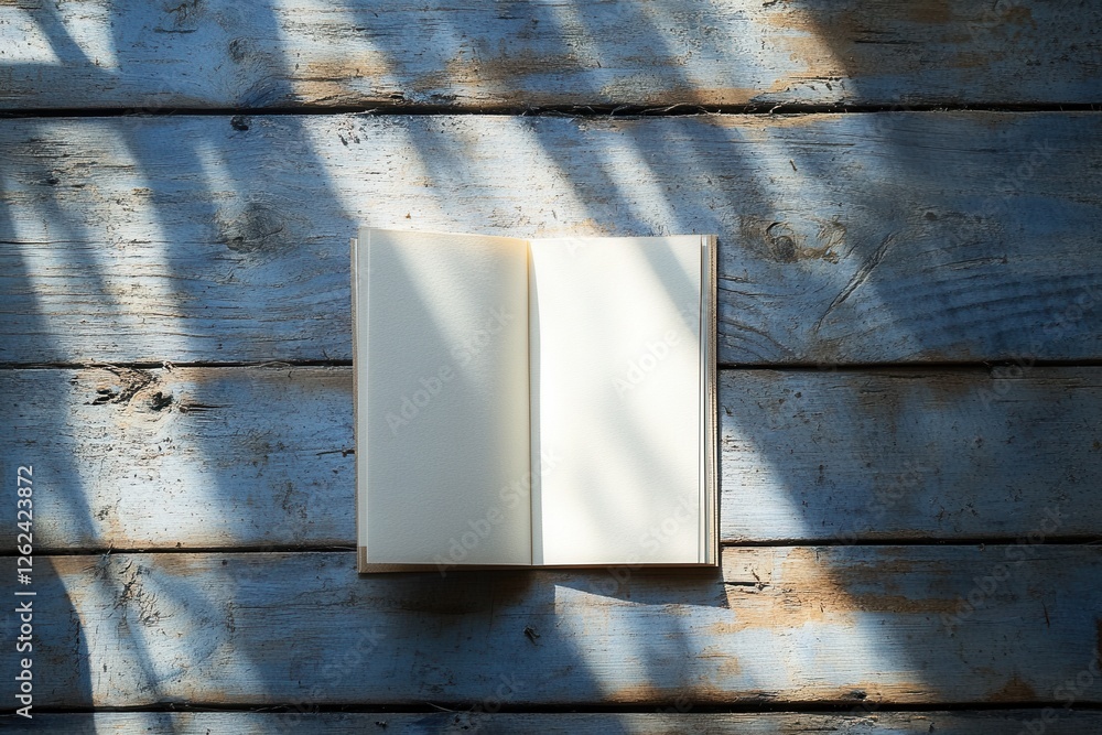 Poster open blank notebook on wooden table with sunlight casting shadows in the afternoon