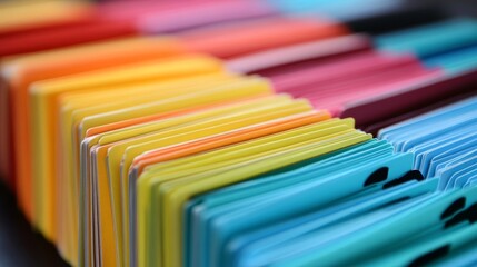 Colorful assortment of index cards organized in a neat row on a table during a creative planning session