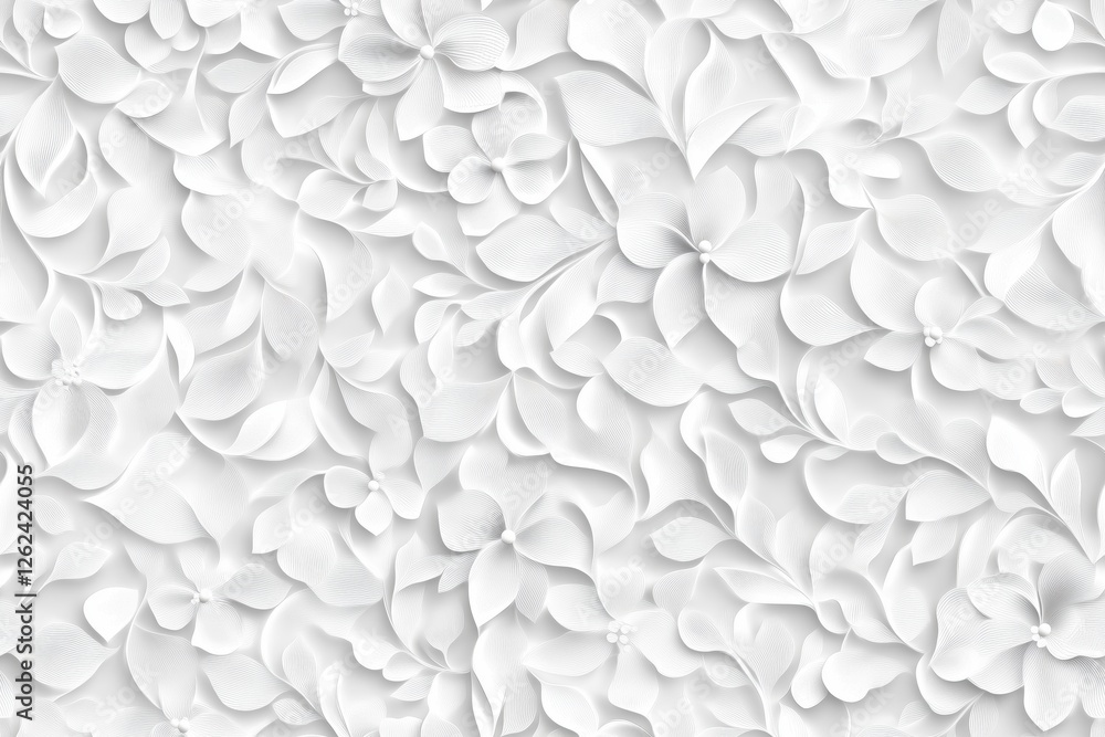 Poster a seamless textured background featuring an intricate pattern of white flowers and petals, creating 