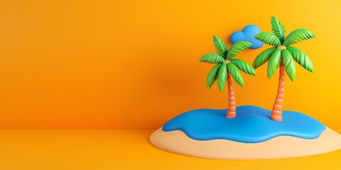 A vibrant, playful depiction of two palm trees on a sandy beach with a blue lagoon against a bright yellow background.