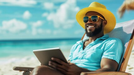 Man relaxes on beach with tablet, enjoying summer sun and ocean view