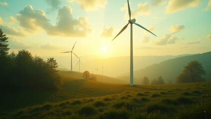 Obraz premium A peaceful green landscape with wind turbines under a golden sunset, showcasing renewable energy and sustainability, generate AI