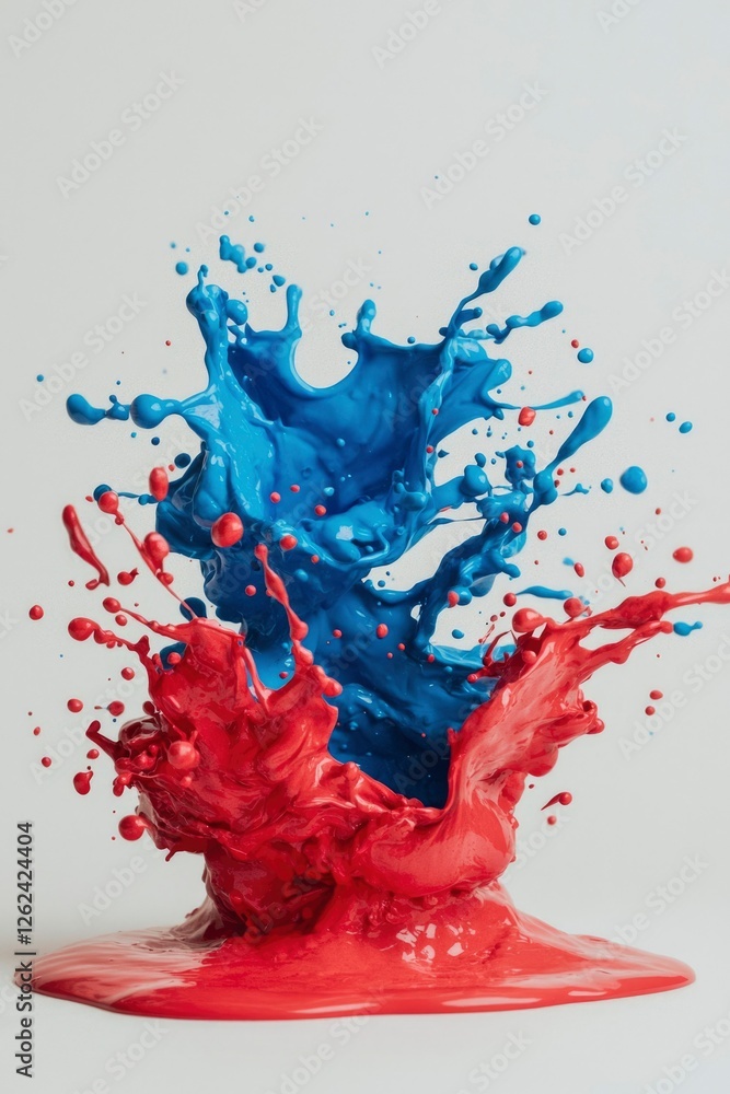 Poster red and blue paint collide in splash, creating dynamic contrast; studio background