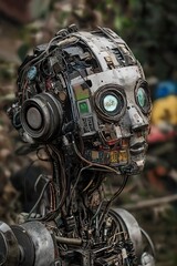 Fototapeta premium Robot sculpture made from electronic waste highlights innovative recycling efforts in renewable technology