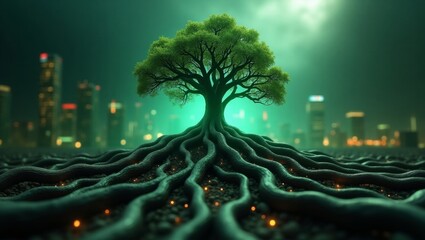 A glowing tree with roots spreading towards a futuristic city. Symbolizing the vital connection between urban life and nature, generate AI