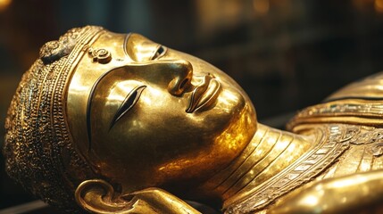 Golden Buddha statue with intricate details displayed in a cultural exhibition