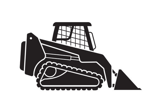 recommend clip art: compact tracked skid steer loader earthmover digger construction vehicle silhouette side view simplified vector isolated on transparent background