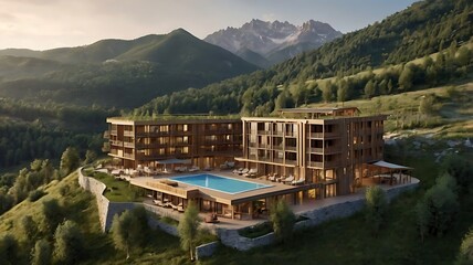 Naklejka premium swiss alpine village Modern Hillside Resort with Pool, Scenic Mountain Landscape