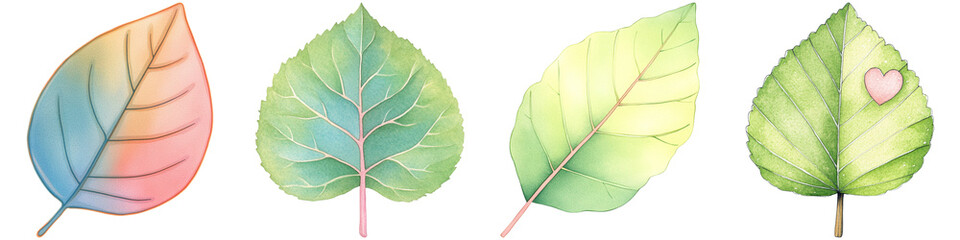 Obraz premium Manifest vision and watercolor, Four colorful leaves displaying varying shades and textures, showcasing nature's diversity.