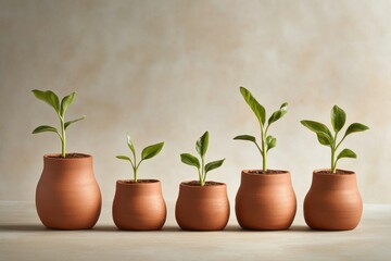 Obraz premium Growing plants in terracotta pots arranged in a row showcasing various stages of development indoors