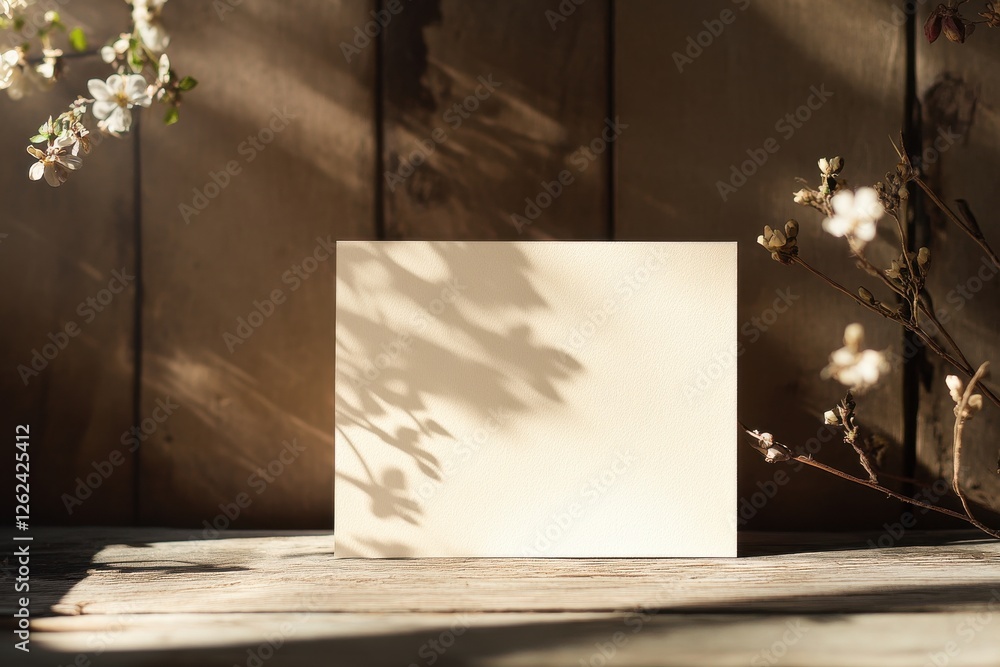 Poster natural light creates soft shadows on a blank card surrounded by delicate blossoms on a rustic woode