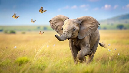 Fototapeta premium Baby Elephant Playing with Butterflies in a Sunny Savannah Landscape