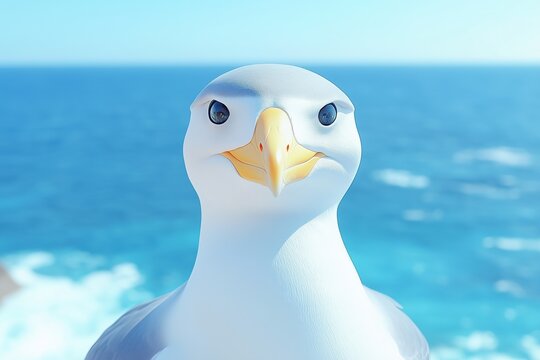 A close-up portrait of a seagull with a bright blue ocean in the background. The bird has a striking expression, showcasing its sharp eyes and distinctive beak. 3d rendering.