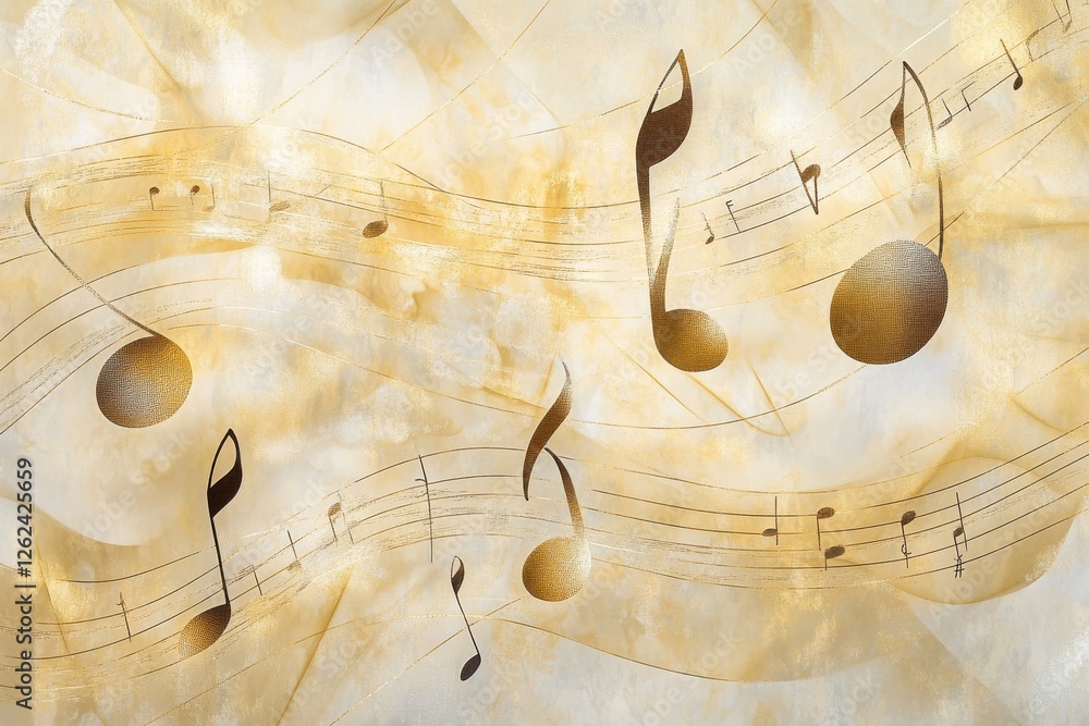 Poster Musical notes and staff create a harmonious design with a warm golden background and flowing patterns that evoke creativity and inspiration