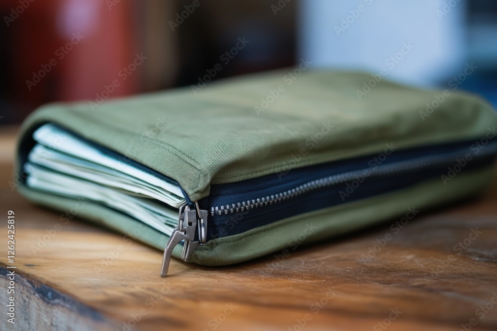 Poster functional green canvas pouch with zipper detail rests on a wooden surface showcasing its stylish de