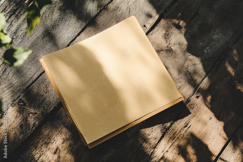 Poster Natural light casts gentle shadows on a blank notebook resting on rustic wooden table