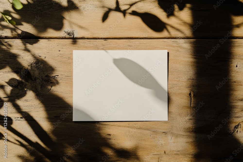 Poster Shadows cast by leaves on a blank canvas resting on a wooden surface in soft natural light