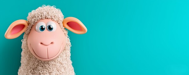 A cheerful, cartoonish sheep with fluffy wool and big eyes stands against a bright turquoise background, radiating playfulness and charm.