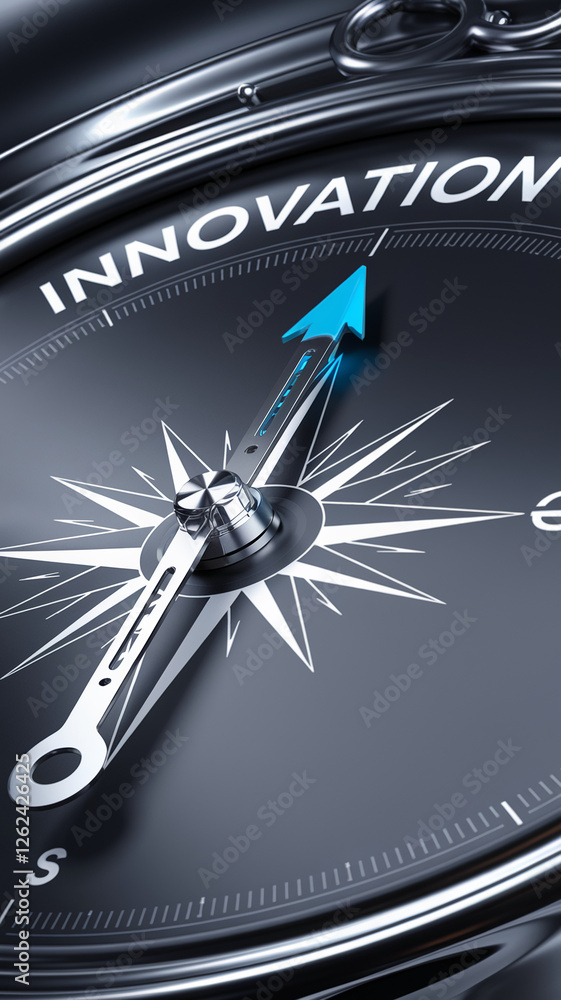 Poster close-up of a high-tech compass with a sharp arrow pointing to the word 