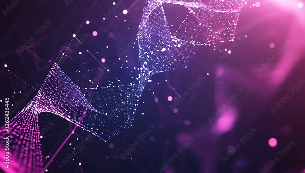 Poster exploring abstract network structures: digital data visualization in purple and pink hues, represent