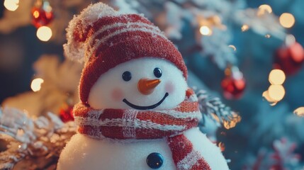 Snowman wearing red hat and scarf with festive lights in background during winter holiday season