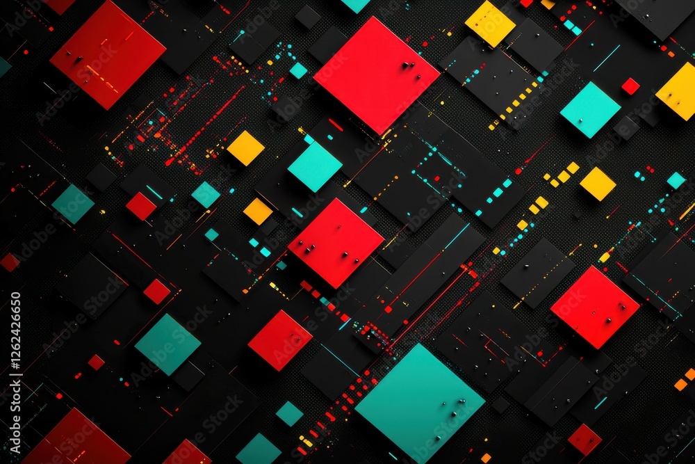 Poster modern geometric abstract background with colorful squares and lines on a dark surface, creating a v