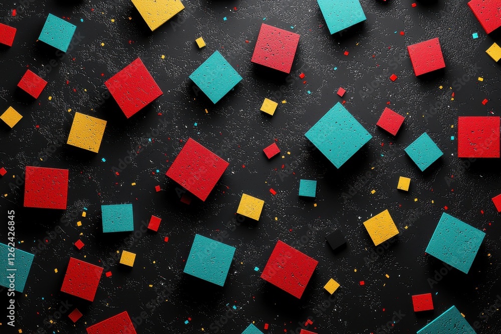 Poster dynamic abstract background with vibrant textured squares scattered on a dark surface, creating a mo