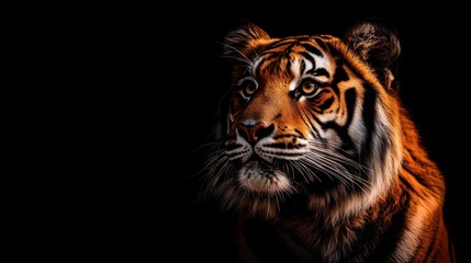 Close-up portrait of a Bengal tiger, showing its fierce expression, sharp stripes, and vibrant orange fur