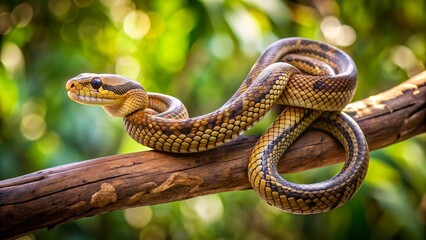 Fototapeta premium Colorful Python Coiling on Branch Under Natural Light in Jungle