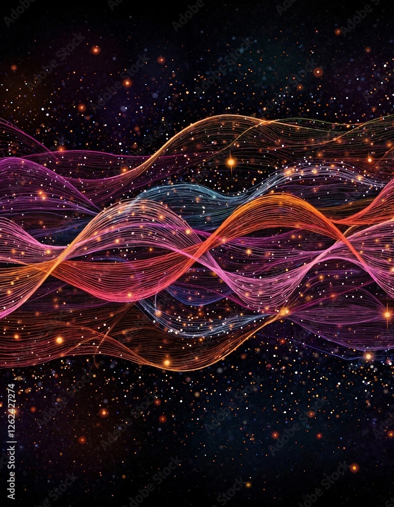 Poster colorful abstract wave patterns against a starry background
