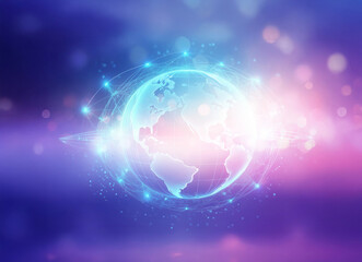 Obraz premium Double exposure of a glowing globe, illuminated in bright blues and pinks against a blurry, dreamy backdrop, suggesting global connectivity and ethereal technology.