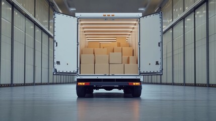 Delivery truck with numerous cardboard boxes ready for distribution inside a warehouse setting during daytime