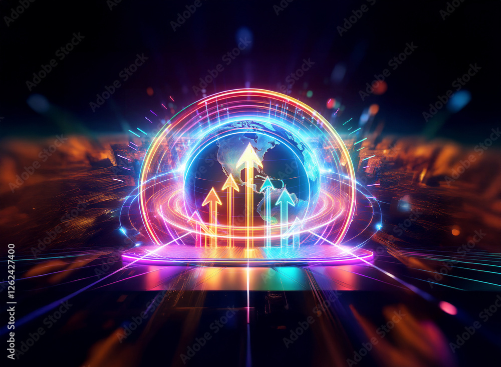 Poster vibrant double exposure image of a glowing sphere with upward arrows, symbolizing progress and growt