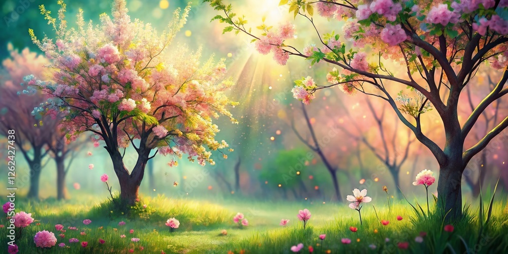 Aufkleber spring botanical illustration: planted trees with soft bokeh background