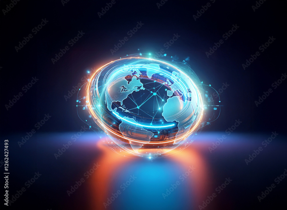 Poster A vibrant digital globe with glowing network connections is presented using a double exposure effect against a dark backdrop, symbolizing global connectivity and technology.
