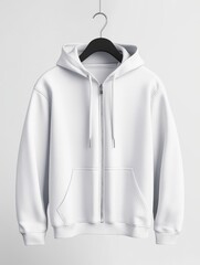 A plain white zip-up hoodie hanging on a hanger against a minimalist background, perfect for fashion displays