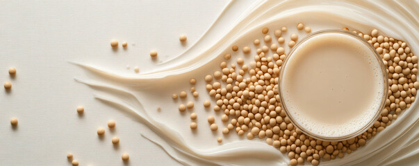 Obraz premium Artistic arrangement of soy milk in glass with soybeans scattered around, creating visually appealing composition. smooth texture and creamy color evoke sense of freshness and health