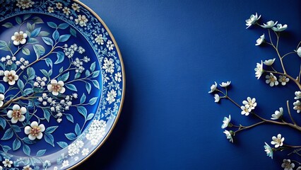 Spring Floral Plate on Navy Background - Blue and White Porcelain Dish with Blossoms