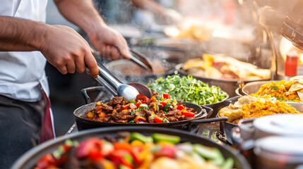 Obraz premium A vibrant street food scene with chefs using aromatic spices like cumin, coriander, and paprika in dishes, showcasing the culinary diversity of street food culture.