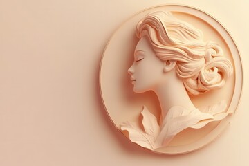 Elegant 3D Bas-Relief Sculpture of a Woman's Profile with Floral Accents