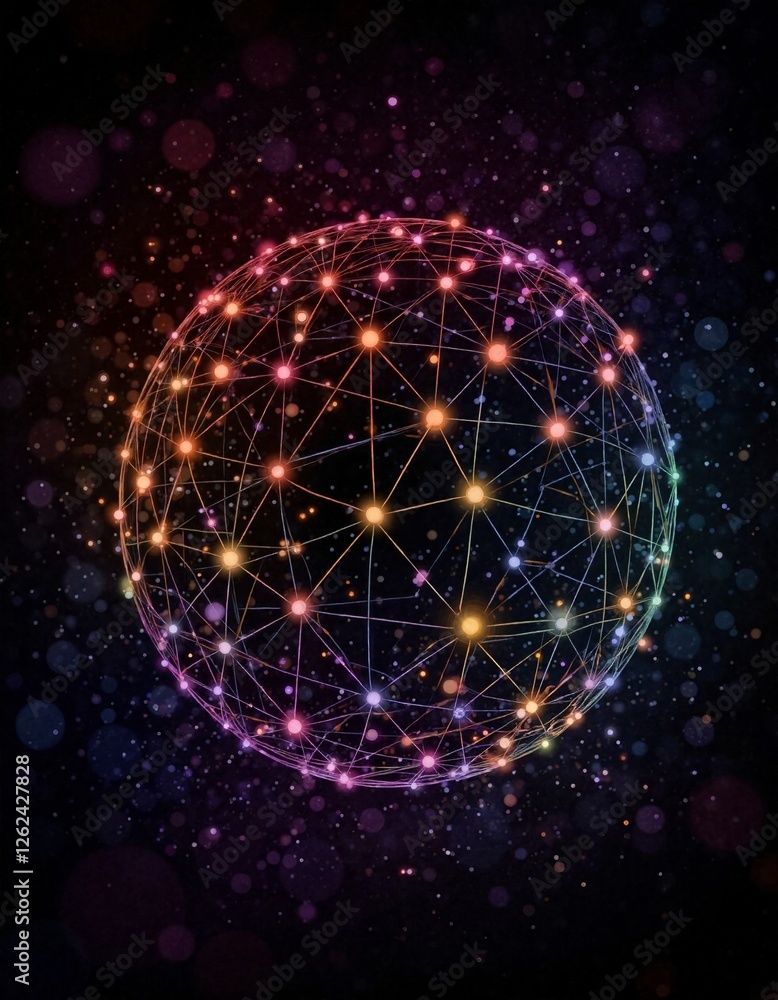 Poster colorful abstract globe with interconnected lines on dark background