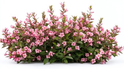 Obraz premium Vibrant flowering bush showcasing delicate pink blossoms in a lush green setting during springtime