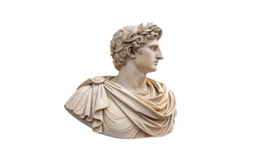 A classical marble bust of a Roman figure draped in a flowing toga. The intricately sculpted curls and laurel wreath exude an air of authority and nobility, isolated on a transparent background